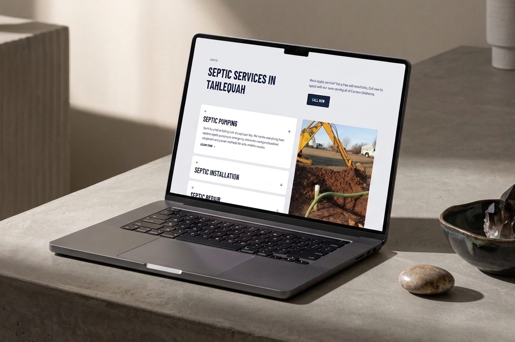 True Septic contractor website service page design with septic pumping, installation, and repair sections.