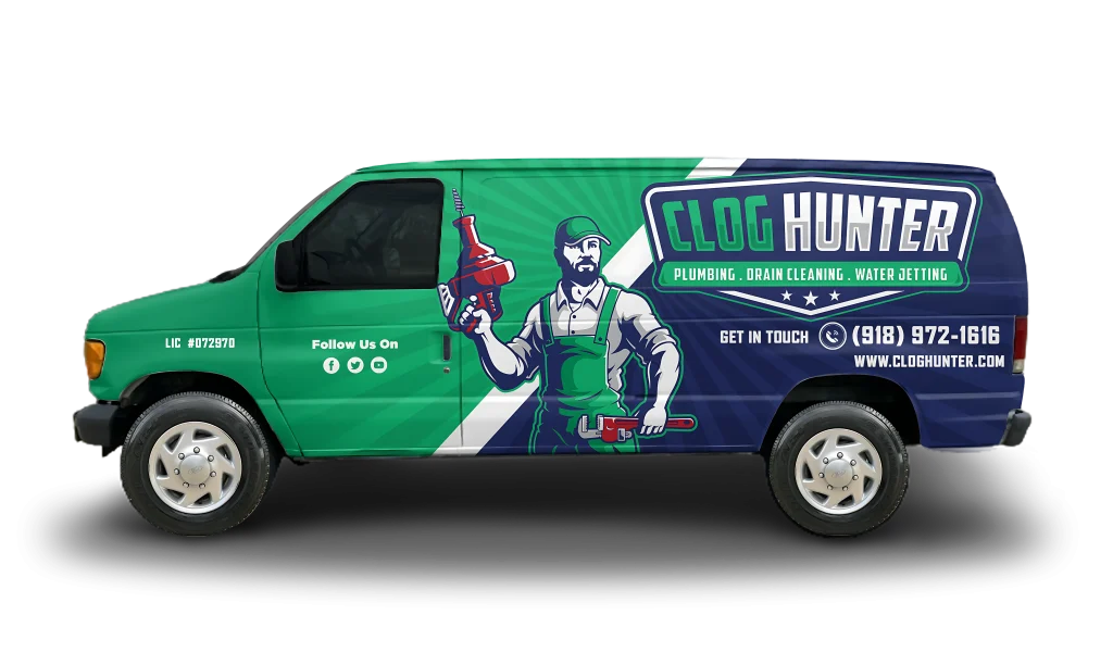 Clog Hunter green branded plumbing van with hunter mascot wrap