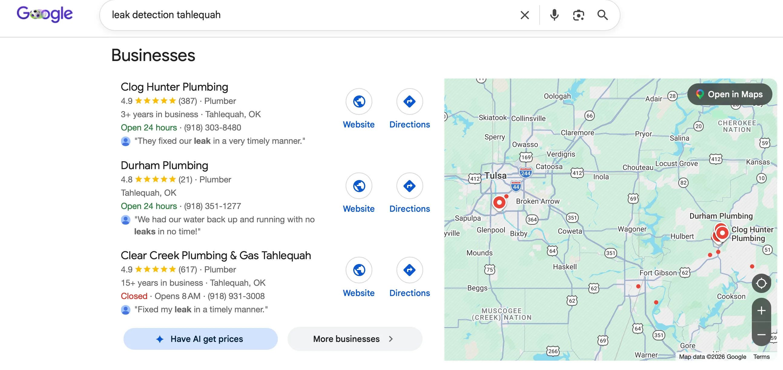 Google local pack for leak detection Tahlequah — Clog Hunter Plumbing ranked first with a 4.9 star rating and 387 reviews