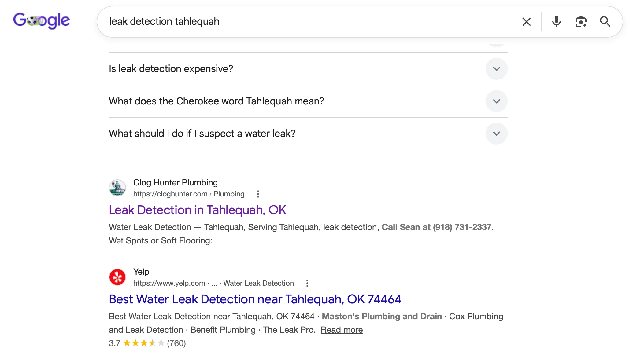 Google search results for leak detection Tahlequah — Clog Hunter Plumbing's Leak Detection in Tahlequah, OK page ranks #1 organic, above Yelp