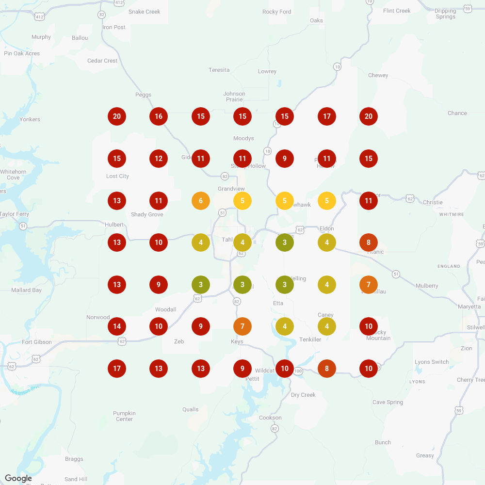 Clog Hunter Local Falcon ranking grid before optimization — buried red rankings across most of the Tahlequah plumber search territory.