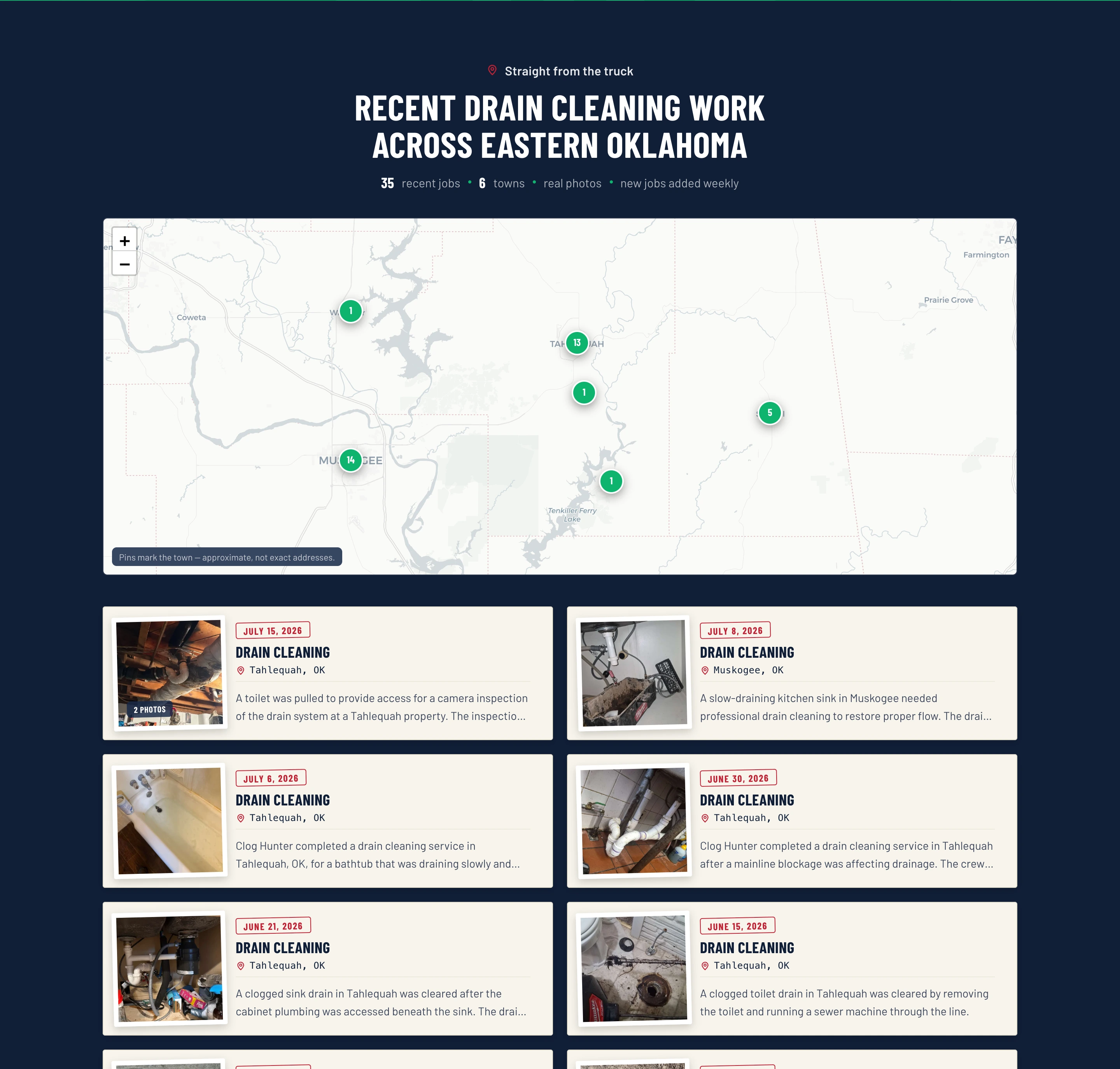 A live 'recent work' feed on a site we built: real, dated field jobs across Eastern Oklahoma, mapped by town, each one posting itself to the exact service page and town it belongs on.