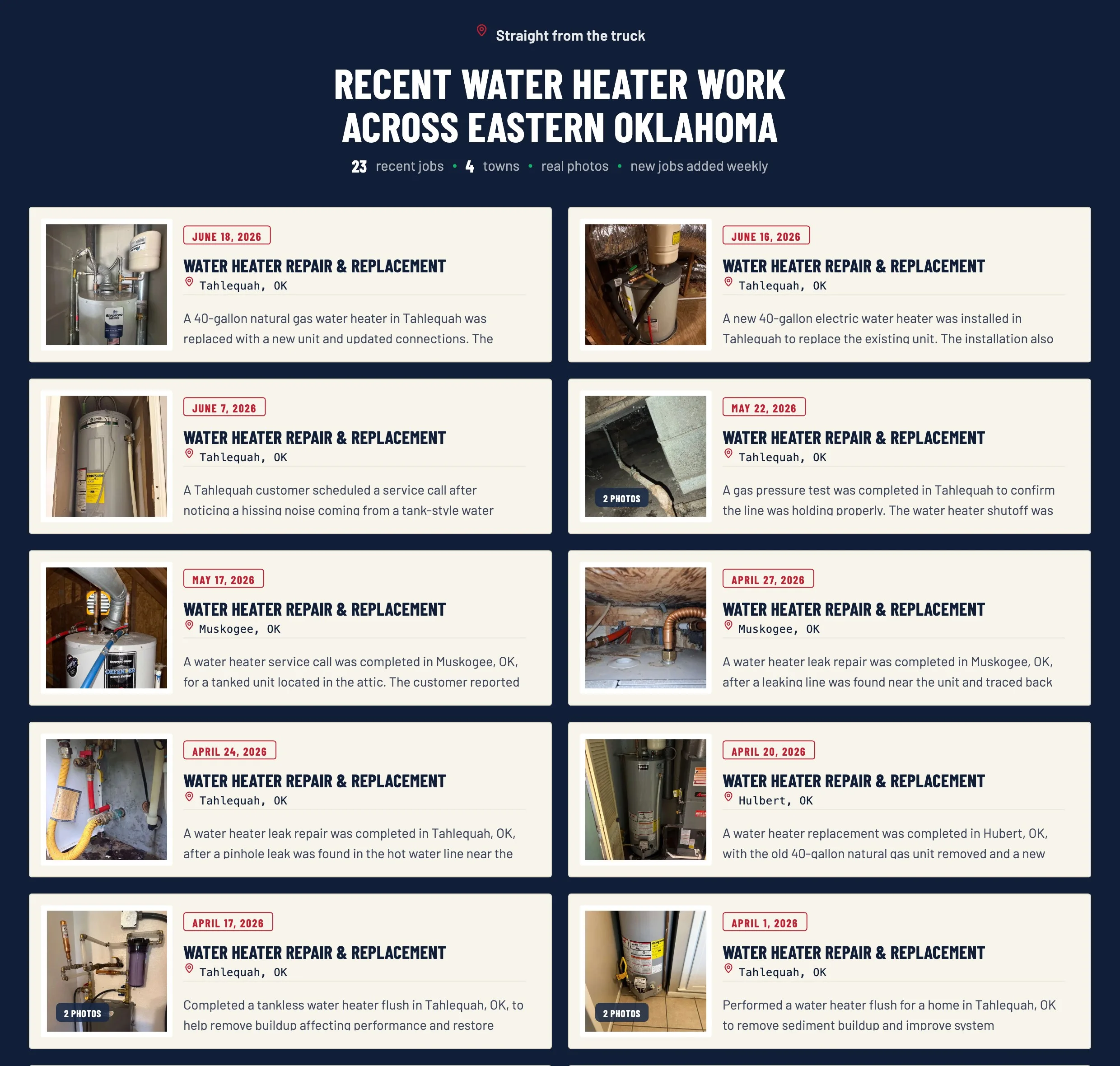 Clog Hunter's live water heater page: a self-updating feed of recent water heater jobs across Eastern Oklahoma, each with a real field photo, date, and town.