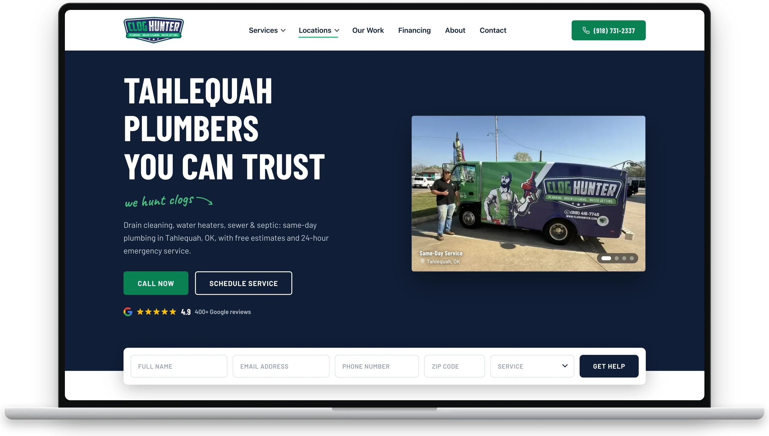 Clog Hunter homepage on a MacBook showing a plumbing website with a rotating job-photo hero and an inline lead form.