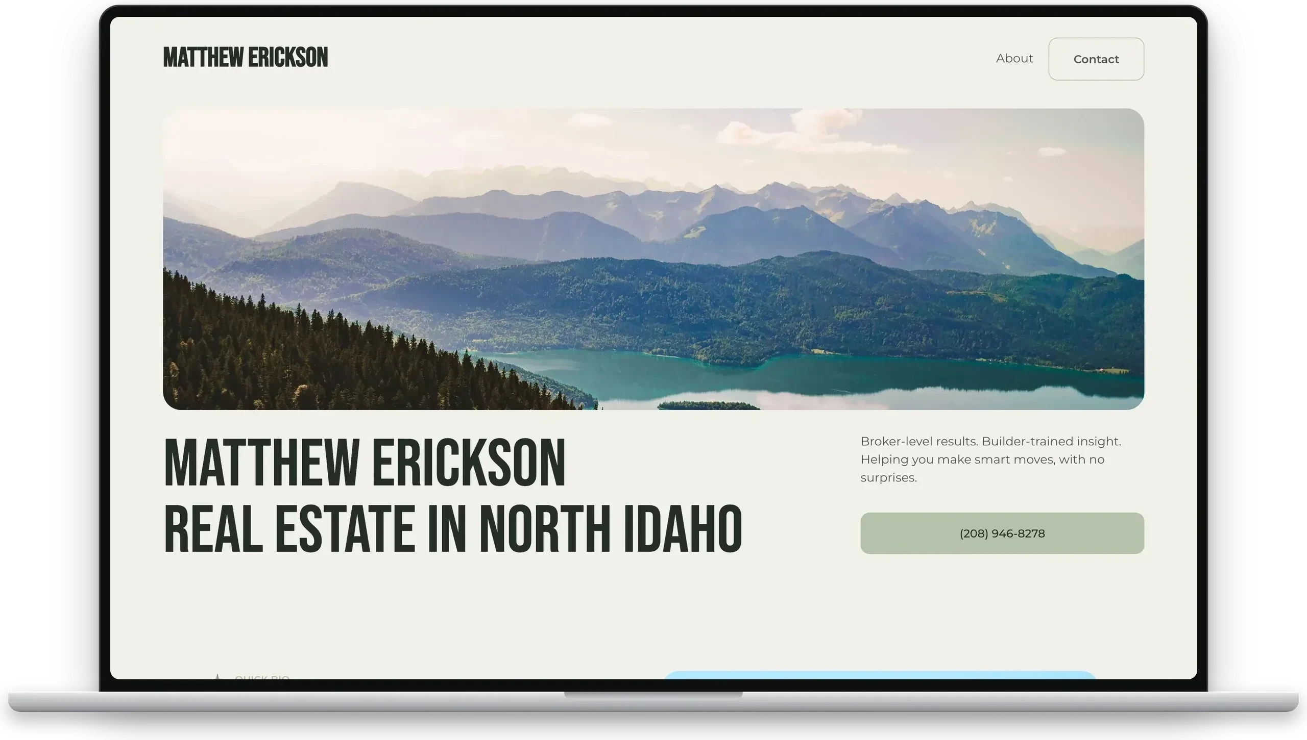 Matthew Erickson Elkwood Realty homepage on a MacBook — North Idaho real estate website with lake panorama hero.