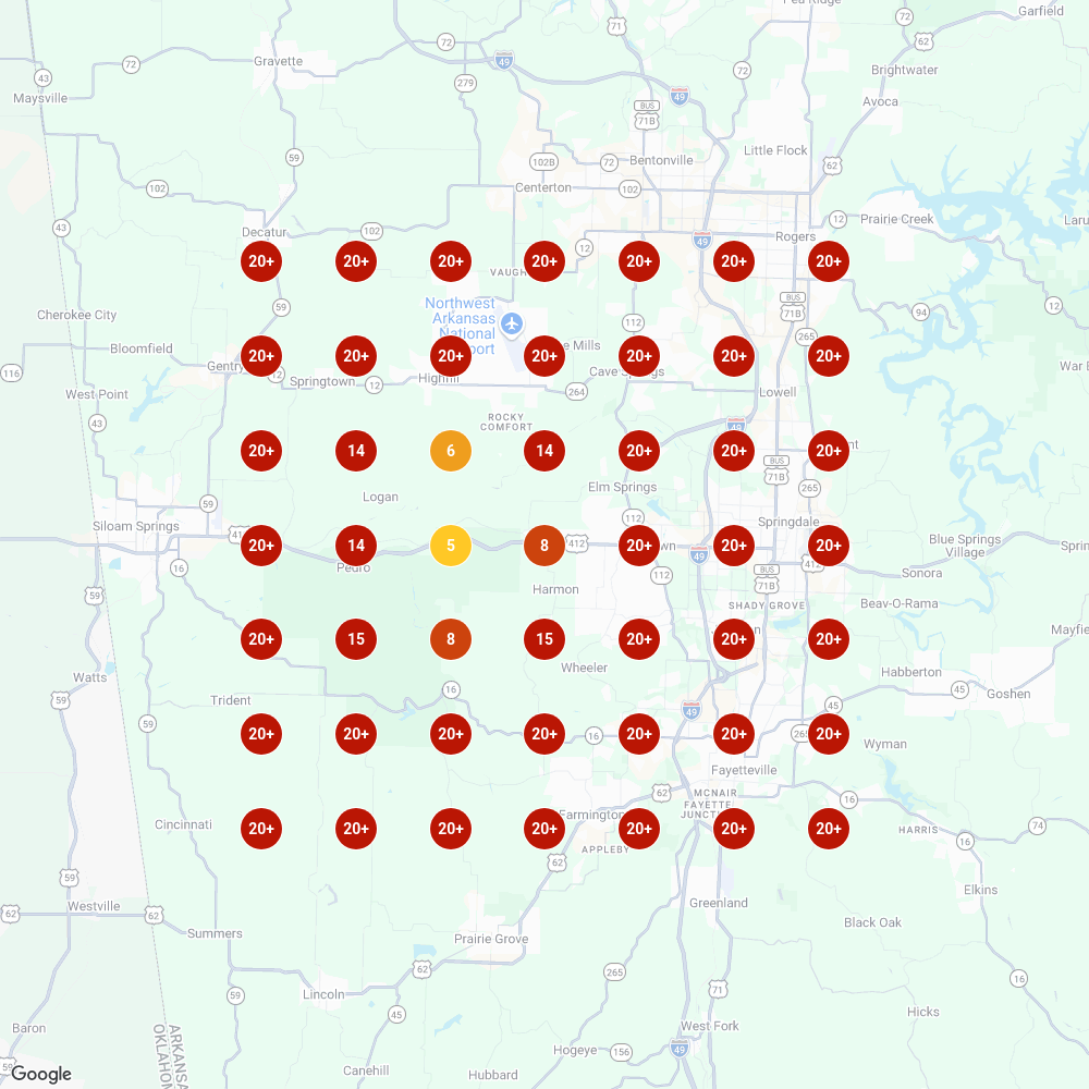 NSP Stone Supply Local Falcon grid in February 2026 — buried at 20+ for stone supply across nearly the entire Springdale 7×7 scan, with one small visible pocket near the yard.