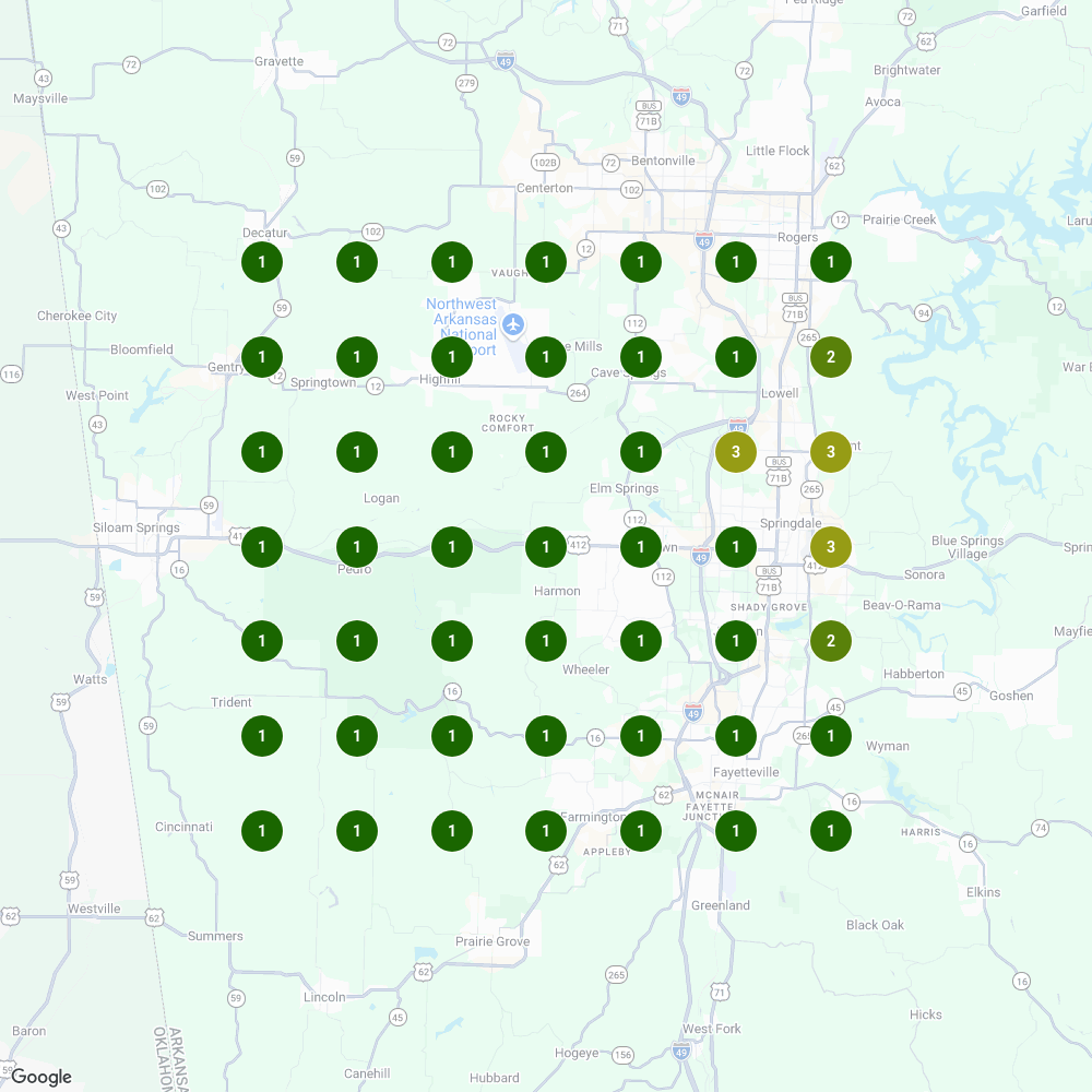 NSP Stone Supply Local Falcon grid in June 2026 — #1 rankings for stone supply across the Springdale 7×7 scan, Bentonville to Fayetteville, top 3 at every point.