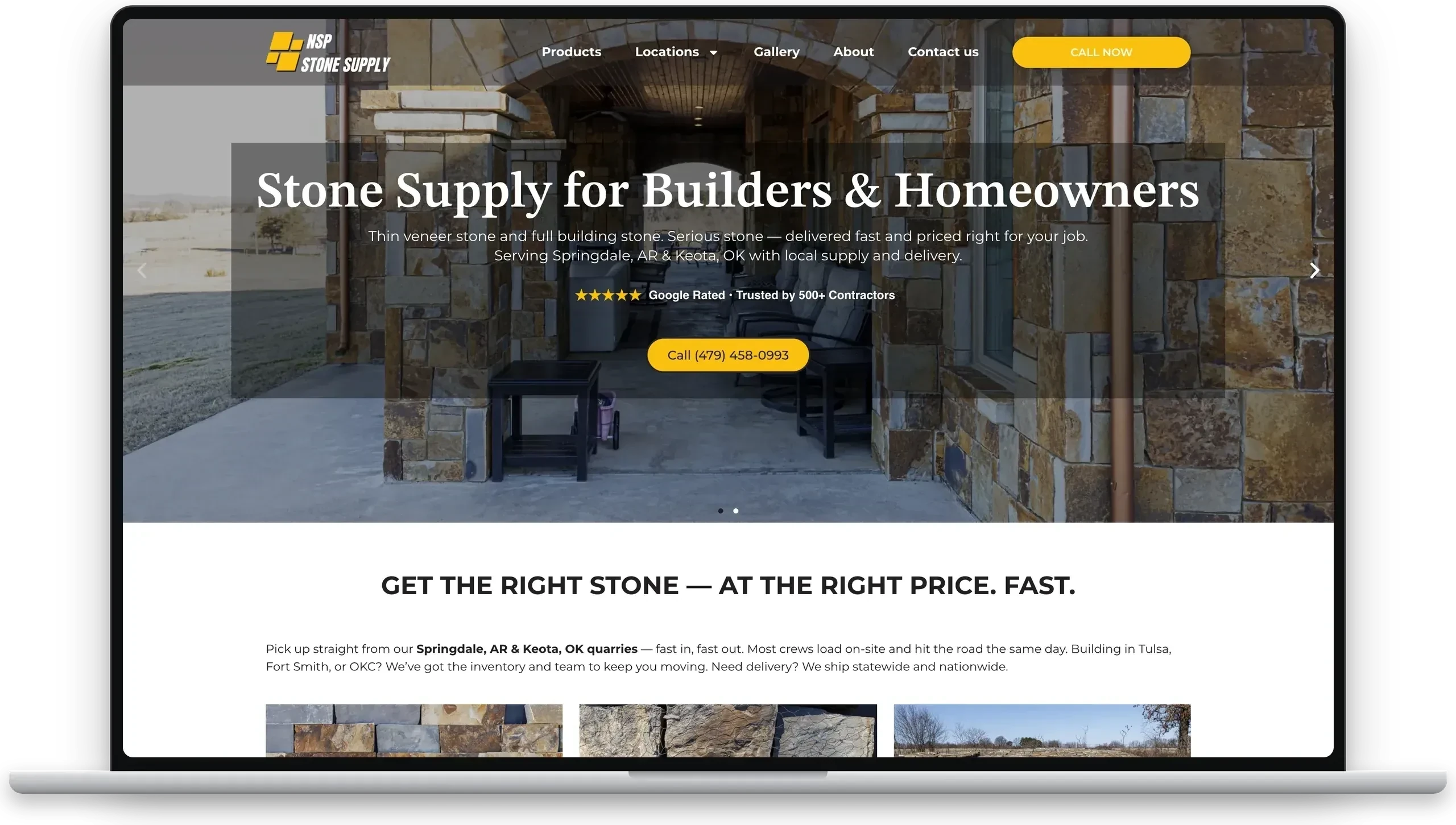 NSP Stone Supply homepage on a MacBook — the stone supplier website Augernaut designs and manages