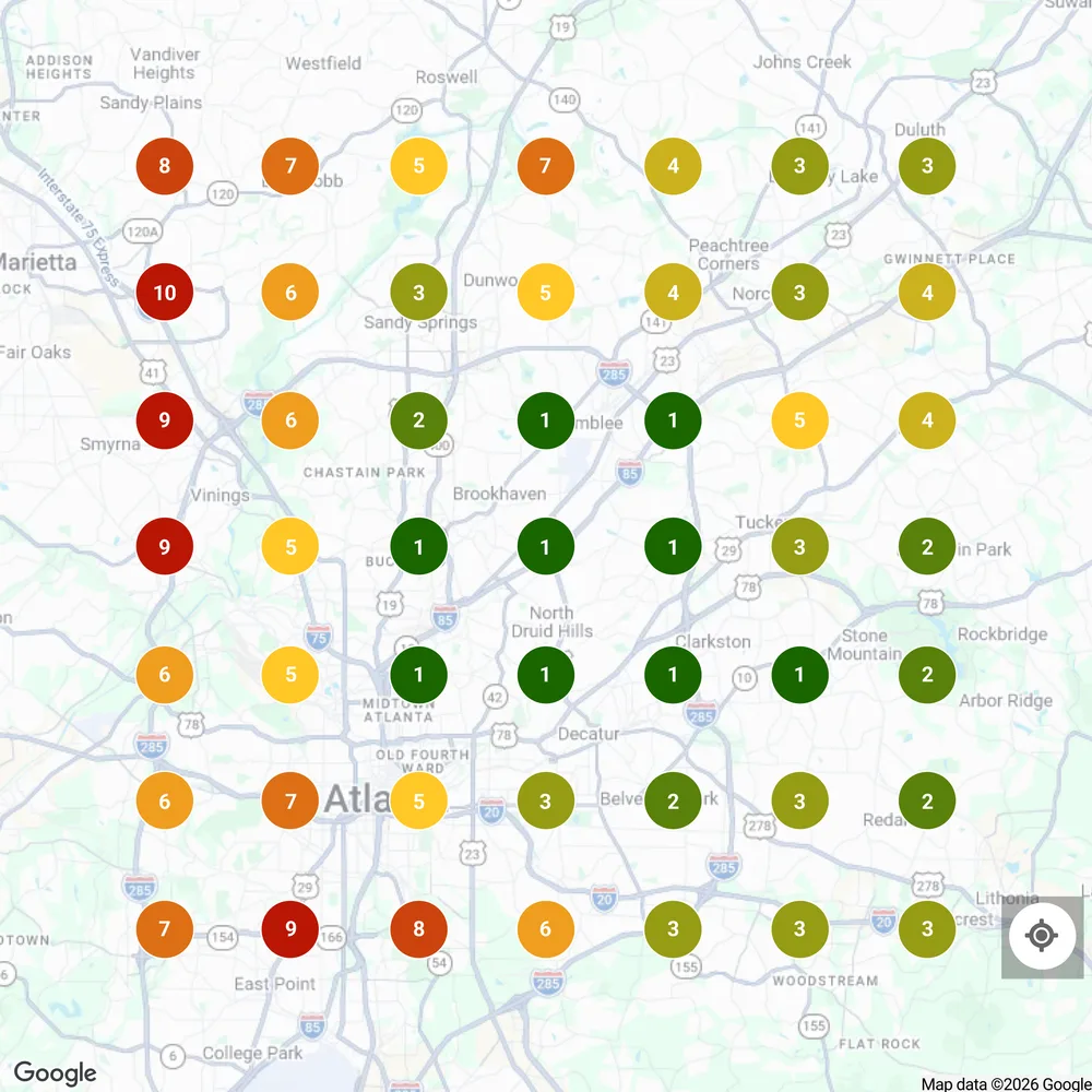 Peachtree Junk Removal Local Falcon grid for atlanta junk removal: #1 across Buckhead, Brookhaven, Chamblee, Midtown, North Druid Hills, Decatur and Stone Mountain, top 3 on 24 of 49 points.