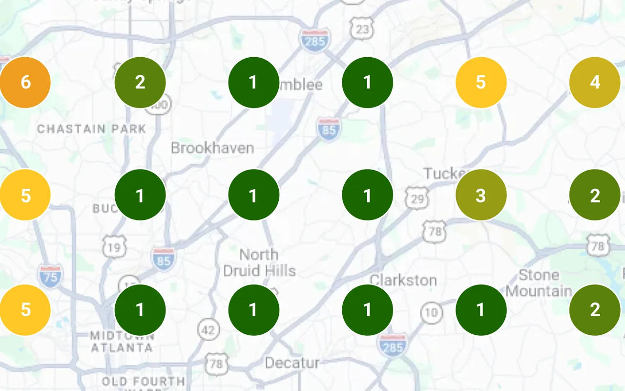 Center of Peachtree Junk Removal's Local Falcon grid for atlanta junk removal: #1 in Google Maps across Brookhaven, Buckhead, Midtown, North Druid Hills, Chamblee, Clarkston and Stone Mountain.