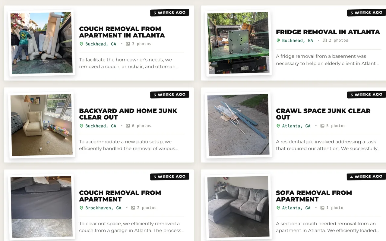 Peachtree Junk Removal recent projects on their own site: couch, fridge, and cleanout jobs in Buckhead, Brookhaven, and Atlanta, each with real photos.