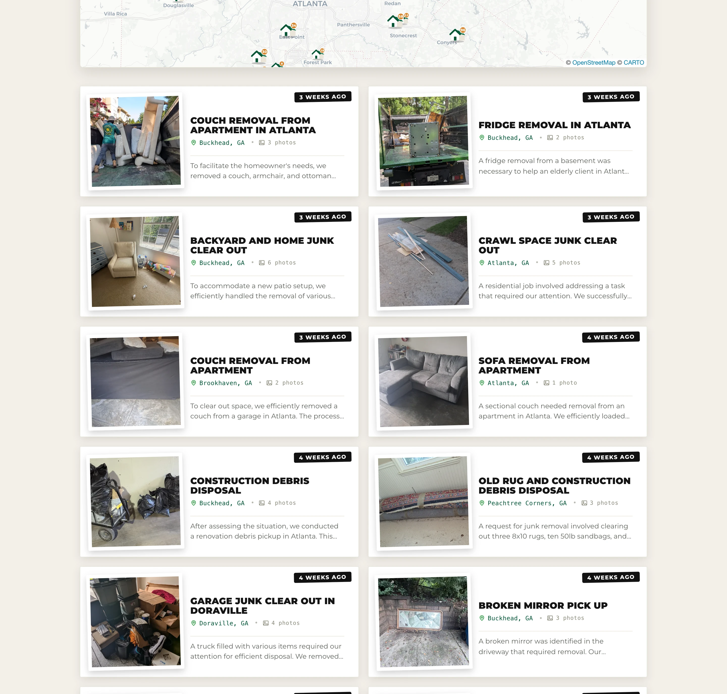 Peachtree Junk Removal's live recent projects feed: real Metro Atlanta junk removal jobs with photos, each tagged to its town and mapped across the service area.