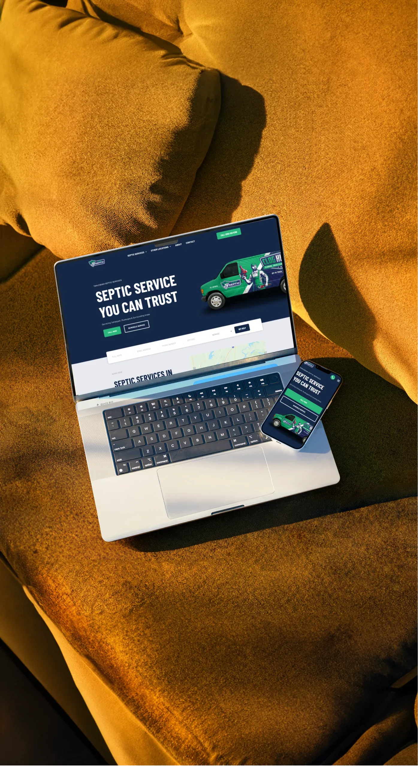 True Septic contractor website design shown on laptop and phone with branded service van and call-to-action buttons.