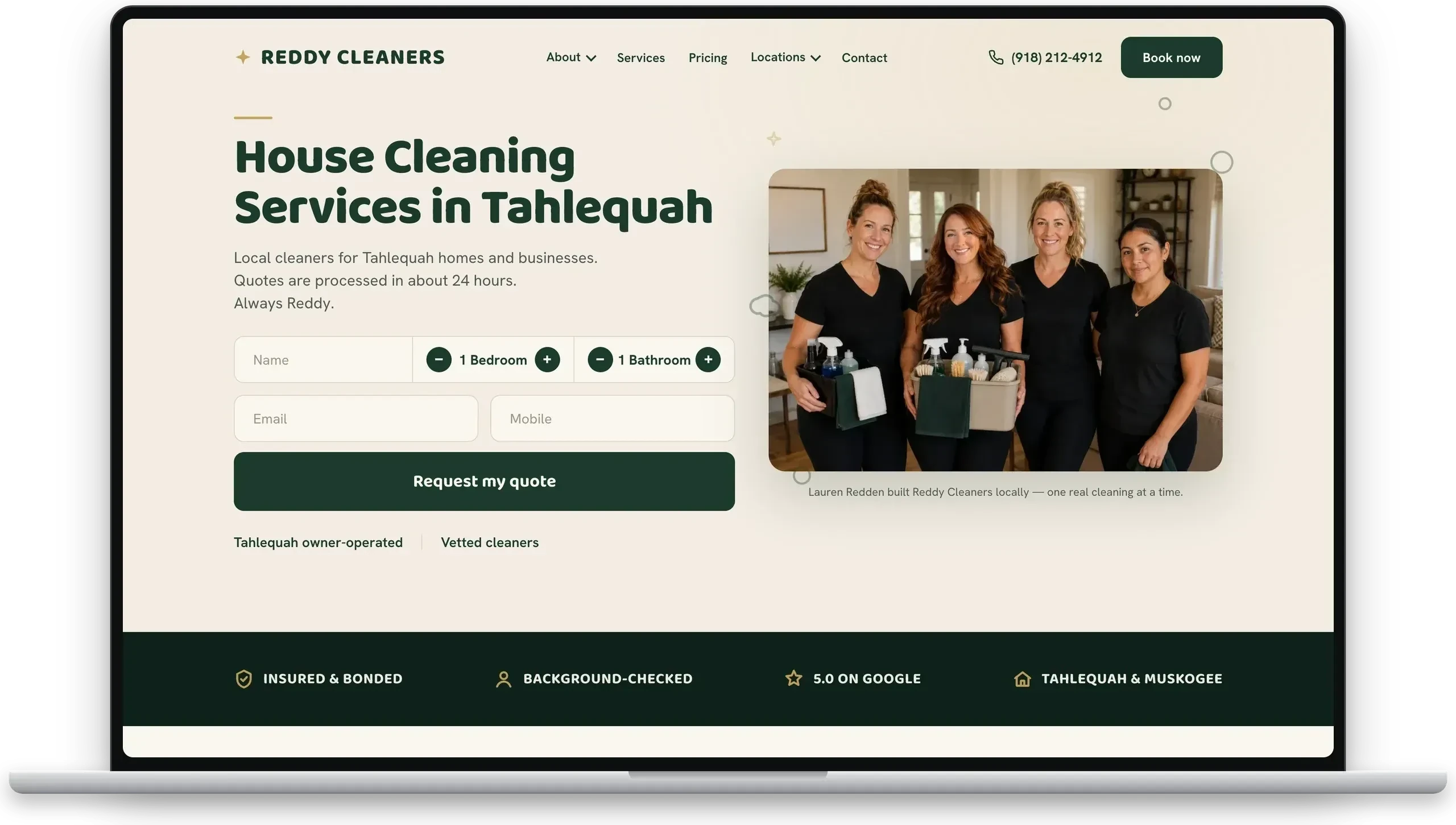 Reddy Cleaners homepage on a MacBook — house cleaning website with instant quote form and team photo.