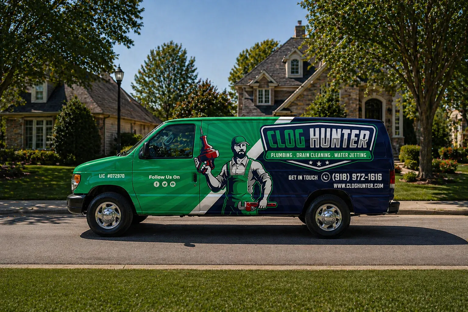 Clog Hunter plumbing service van in a residential setting for plumber marketing proof