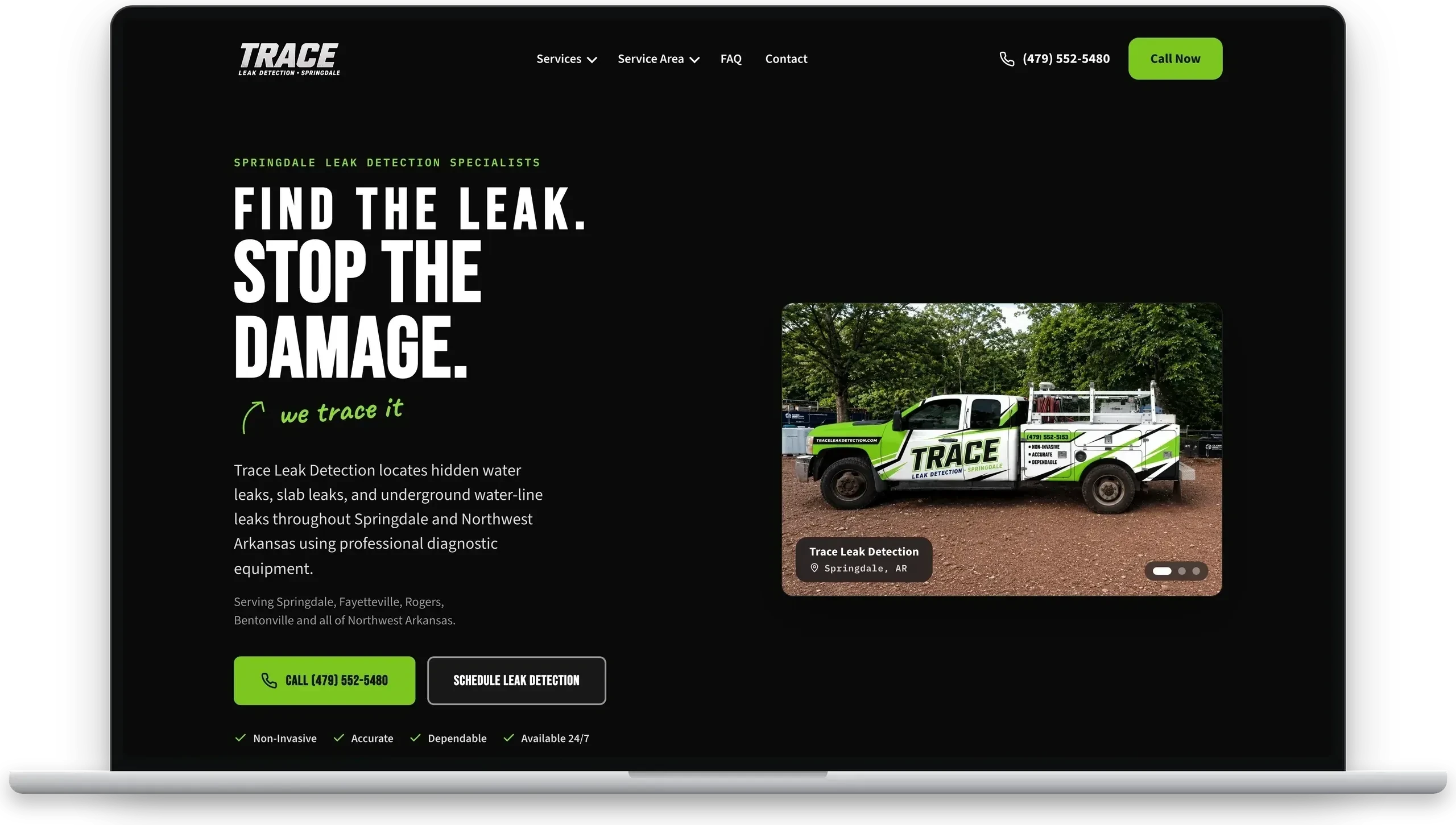 Trace Leak Detection homepage on a MacBook — dark leak detection website with wrapped service truck photo.
