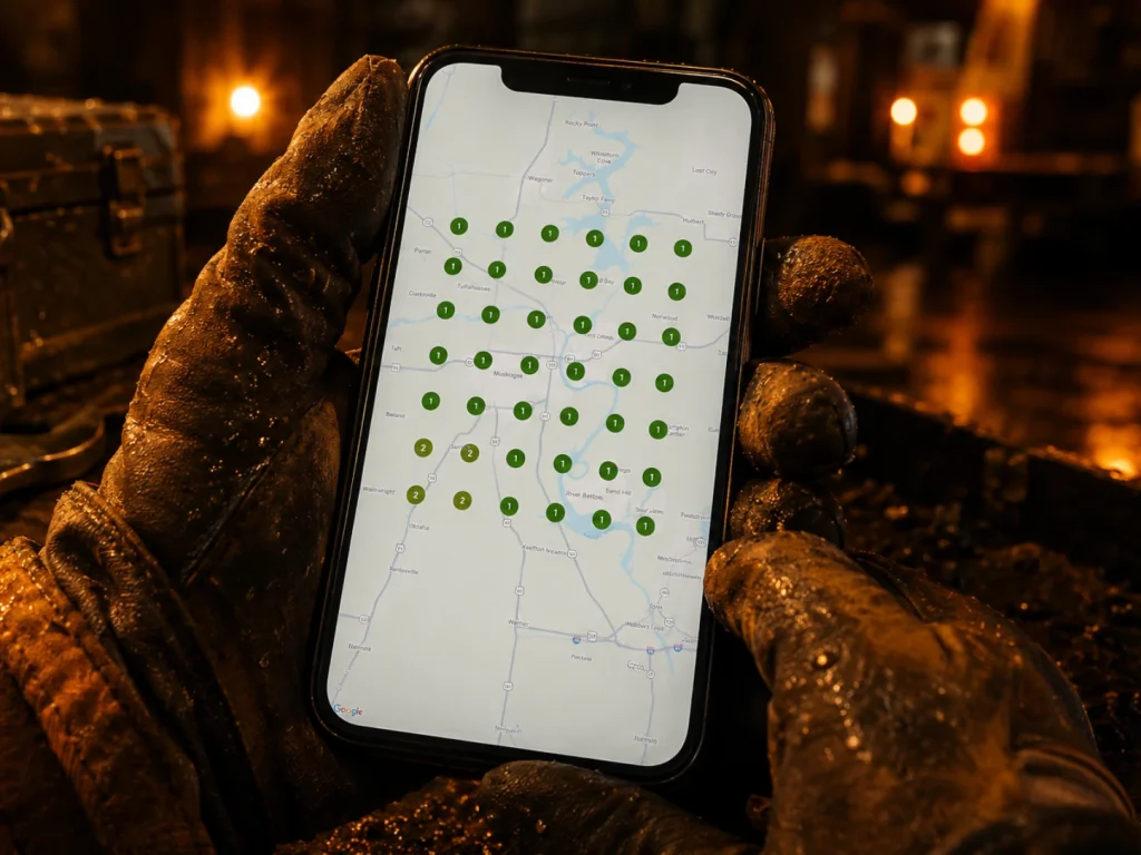 Google Maps geo-grid on a phone held in work gloves, showing top-three ranking pins across a contractor's service territory.