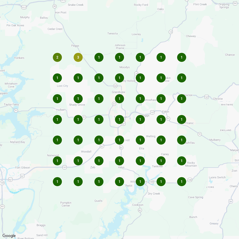 True Septic before and after local visibility proof for septic marketing and Map Pack growth — green top-3 rankings across the Tahlequah septic 7×7 grid.