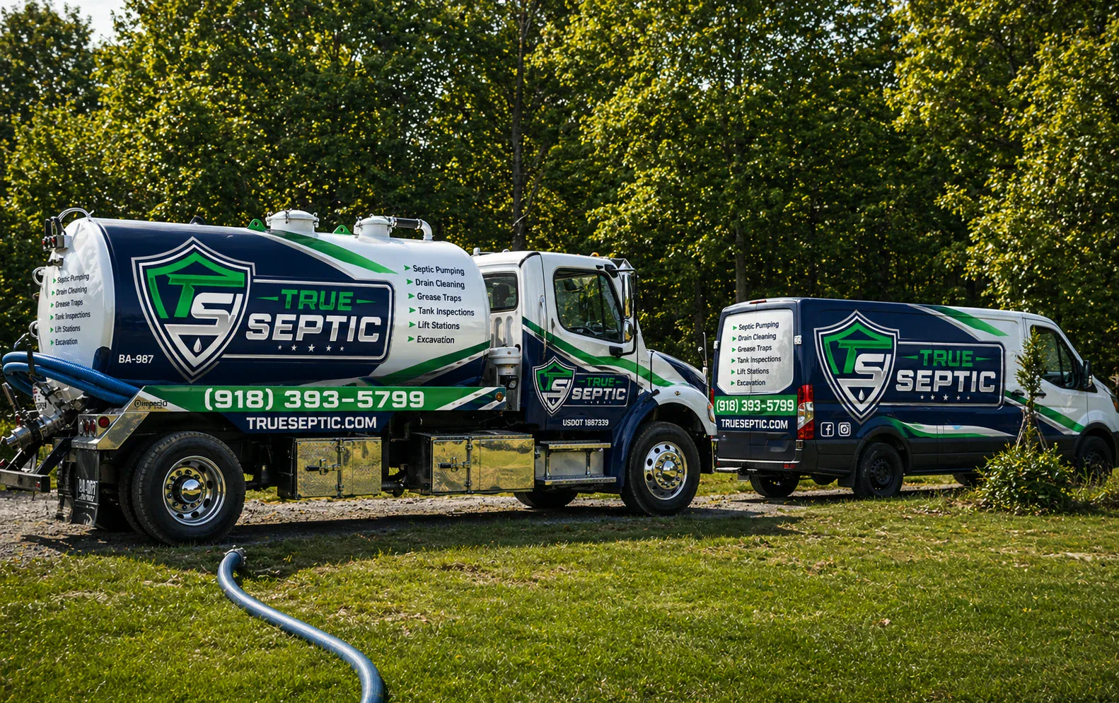 True Septic service fleet and septic pumping trucks during residential service.