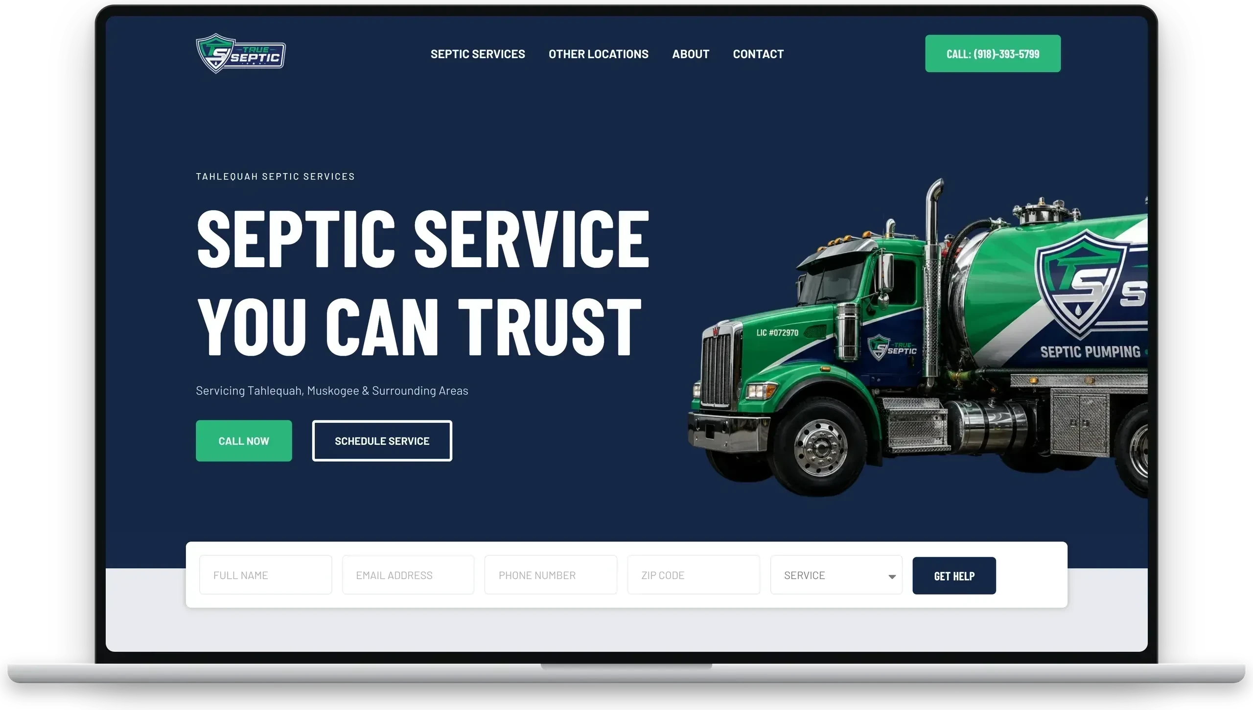 True Septic homepage on a MacBook — septic service website with branded pump truck hero and call-to-action buttons.